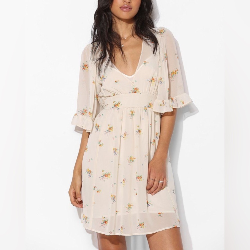 Betsey Johnson Floral Cream Dress with Ruffle Sleeves